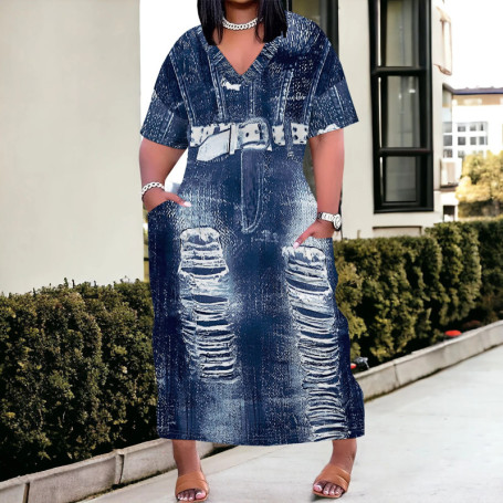 Womens Plus Size Denim 3D Print Fashion Maxi Dresses Casual Soft Tshirt Dress
