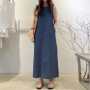 Fashionable Long Dress With Round Neckline Sleeveless Pocket Loose And Long Style Backless Blouse Denim Robe Women's Dress