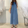 Fashionable Long Dress With Round Neckline Sleeveless Pocket Loose And Long Style Backless Blouse Denim Robe Women's Dress