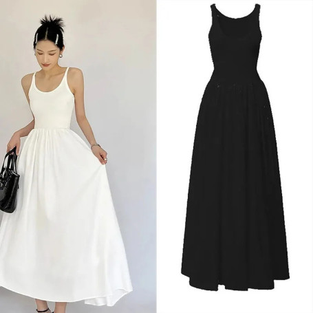 Elegant Knitted Patchwork Long Dresses Women Summer Simple All-Match Beach Strap Dress Korean High Waisted Party Maxi Vestidos