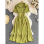 Women French Shirt Dress Summer Short Sleeved A-line Slim Elegant Dresses Ladies Lapel Solid Midi Robe Vestidos