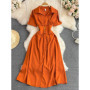 Women French Shirt Dress Summer Short Sleeved A-line Slim Elegant Dresses Ladies Lapel Solid Midi Robe Vestidos