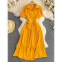 Women French Shirt Dress Summer Short Sleeved A-line Slim Elegant Dresses Ladies Lapel Solid Midi Robe Vestidos