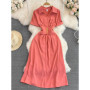 Women French Shirt Dress Summer Short Sleeved A-line Slim Elegant Dresses Ladies Lapel Solid Midi Robe Vestidos