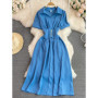 Women French Shirt Dress Summer Short Sleeved A-line Slim Elegant Dresses Ladies Lapel Solid Midi Robe Vestidos