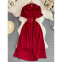 Women French Shirt Dress Summer Short Sleeved A-line Slim Elegant Dresses Ladies Lapel Solid Midi Robe Vestidos