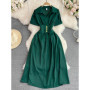 Women French Shirt Dress Summer Short Sleeved A-line Slim Elegant Dresses Ladies Lapel Solid Midi Robe Vestidos