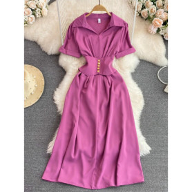Women French Shirt Dress Summer Short Sleeved A-line Slim Elegant Dresses Ladies Lapel Solid Midi Robe Vestidos