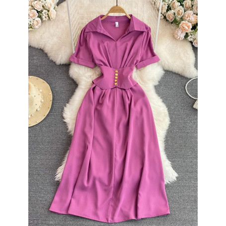 Women French Shirt Dress Summer Short Sleeved A-line Slim Elegant Dresses Ladies Lapel Solid Midi Robe Vestidos