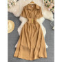 Women French Shirt Dress Summer Short Sleeved A-line Slim Elegant Dresses Ladies Lapel Solid Midi Robe Vestidos