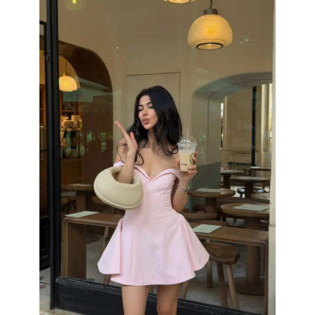 Elegant Solid Color Off-shoulder Mini Dress Women Fashion One Shoulder Pleated Short Dresses 2025 Summer New Daily Dating Gowns