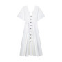 Elegant White Long Dress Women Short Sleeve V-Neck Button High Waist Slim A-line Dresses 2025 Summer Lady High Street Robes New