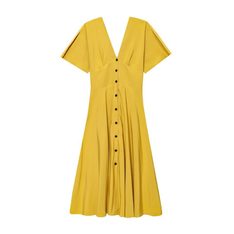 Elegant White Long Dress Women Short Sleeve V-Neck Button High Waist Slim A-line Dresses 2025 Summer Lady High Street Robes New