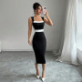Women's Black & White Square Neck Sleeveless Slim-Fit Midi Dress with Waist Trim Casual Formal Wear