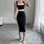 Women's Black & White Square Neck Sleeveless Slim-Fit Midi Dress with Waist Trim Casual Formal Wear