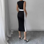 Women's Black & White Square Neck Sleeveless Slim-Fit Midi Dress with Waist Trim Casual Formal Wear