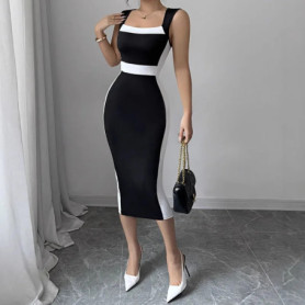 Women's Black & White Square Neck Sleeveless Slim-Fit Midi Dress with Waist Trim Casual Formal Wear
