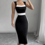 Women's Black & White Square Neck Sleeveless Slim-Fit Midi Dress with Waist Trim Casual Formal Wear