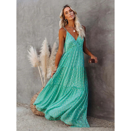 Women’s Summer Maxi Dress – Sleeveless V-Neck Spaghetti Strap Backless Boho Beach Dress, Pleated Loose Long Sundress