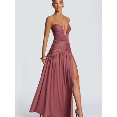 Women Elegant Deep V-neck Pleated Strapless Dress Chic Off-shoulder Backless Split Maxi Dresses 2026 Lady Evening Party Vestidos