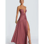 Women Elegant Deep V-neck Pleated Strapless Dress Chic Off-shoulder Backless Split Maxi Dresses 2026 Lady Evening Party Vestidos