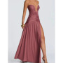 Women Elegant Deep V-neck Pleated Strapless Dress Chic Off-shoulder Backless Split Maxi Dresses 2026 Lady Evening Party Vestidos