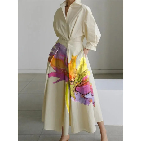 Missuoo Women's Printed Shirt Dress Lapel Collar Long Sleeves Buttoned Waist A-line Midi Dress Pleated Casual Spring Dresses