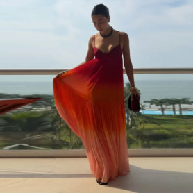 Vacation Gradient Sling Dresses Women's Sexy V-neck Backless Sleeveless Pleated Long Robes 2026 Summer Female Beach Vestidos