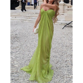 Green Pleated Party Gowns 2026 Summer New Female Sexy Off Shoulder Sleeveless Backless Sling Dresses Women's Solid Long Dress