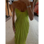 Green Pleated Party Gowns 2026 Summer New Female Sexy Off Shoulder Sleeveless Backless Sling Dresses Women's Solid Long Dress