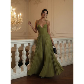 Green Chic Corset Halter Long Dress Women Solid Backless Off Shoulder Pleated Patchwork Slim Dresses 2026 Lady Party Gown New