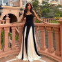 FZCSPEED Women's Splice Color Maxi Dress Open Back Slim Cinched Waist Sleeveless Slip Dress Loose Large Hem Sexy Elegant