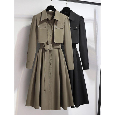 Women Spring Autumn High End Long Sleeve Dress With Belt Slimming Fit Waist Design Casual Single Breasted Mid Length Dresses