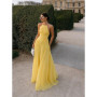 Verngo Yellow Chiffon Evening Dress Halter A Line Handmade Pleated Prom Gowns Appliques Maxi Formal Occasion Dress Customized