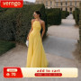 Verngo Yellow Chiffon Evening Dress Halter A Line Handmade Pleated Prom Gowns Appliques Maxi Formal Occasion Dress Customized
