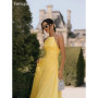 Verngo Yellow Chiffon Evening Dress Halter A Line Handmade Pleated Prom Gowns Appliques Maxi Formal Occasion Dress Customized