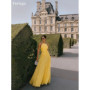 Verngo Yellow Chiffon Evening Dress Halter A Line Handmade Pleated Prom Gowns Appliques Maxi Formal Occasion Dress Customized