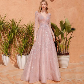 Sparkle Sequin Tulle Evening Dresses For Women Custom Pink A Line V Neck Long Sleeves Floor Length Zipper Back Prom Party Gowns