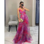 Elegant Print Pleated Mesh Evening Dress Sexy Off Shoulder Ins Vacation Long Dress Summer V Neck High Waist Backless Sling Dress