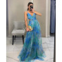 Elegant Print Pleated Mesh Evening Dress Sexy Off Shoulder Ins Vacation Long Dress Summer V Neck High Waist Backless Sling Dress