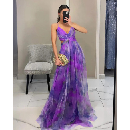 Elegant Print Pleated Mesh Evening Dress Sexy Off Shoulder Ins Vacation Long Dress Summer V Neck High Waist Backless Sling Dress