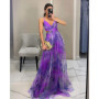 Elegant Print Pleated Mesh Evening Dress Sexy Off Shoulder Ins Vacation Long Dress Summer V Neck High Waist Backless Sling Dress