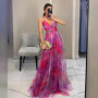 Elegant Print Pleated Mesh Evening Dress Sexy Off Shoulder Ins Vacation Long Dress Summer V Neck High Waist Backless Sling Dress