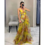 Elegant Print Pleated Mesh Evening Dress Sexy Off Shoulder Ins Vacation Long Dress Summer V Neck High Waist Backless Sling Dress