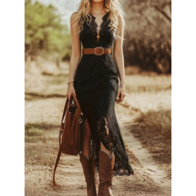 Office Lady Sleeveless V Neck Lace Dress Spring Summer Female Vintage Solid Maxi Dress Elegant Women Hollow Out Dress Vestidos