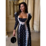 Chic Navy Polka-dot Slim Long Dress Women Square Neck Full Sleeves Ruffled Trim Gown 2026 Spring Lady Trendy Party Vestidos New