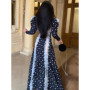 Chic Navy Polka-dot Slim Long Dress Women Square Neck Full Sleeves Ruffled Trim Gown 2026 Spring Lady Trendy Party Vestidos New