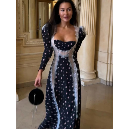 Chic Navy Polka-dot Slim Long Dress Women Square Neck Full Sleeves Ruffled Trim Gown 2026 Spring Lady Trendy Party Vestidos New