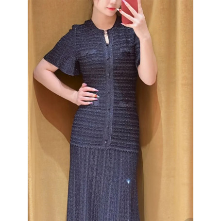 Elegant Long Waist-cinching Sequin Dress French Style 2026 New Navy Blue Fit Dresses Women Party Round Neck Short-sleeved Gowns