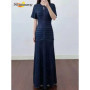 Elegant Long Waist-cinching Sequin Dress French Style 2026 New Navy Blue Fit Dresses Women Party Round Neck Short-sleeved Gowns